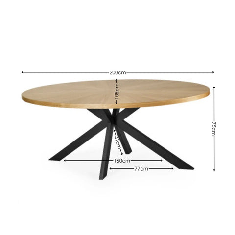Shop the Bondi 200cm Oval Dining Table featuring a light oak veneer top, curved surfboard design and striking black metal spider base with Dimensions on white background