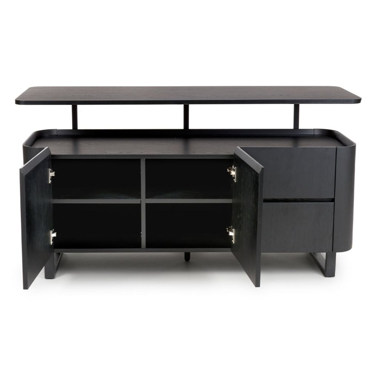 Open Doors view of Bradley large sideboard in black ash with floating top design, adjustable shelves & drawers. SmarTops® heat & scratch resistant finish.