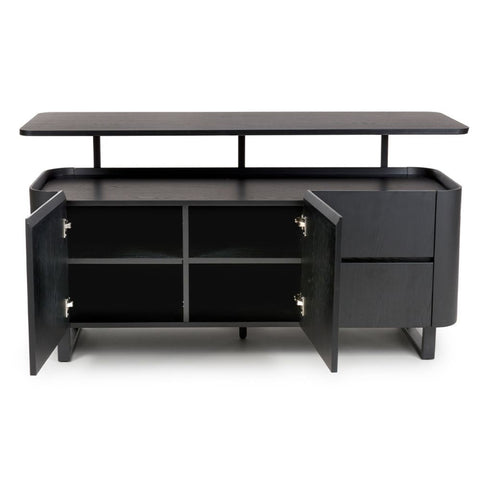 Open Doors view of Bradley large sideboard in black ash with floating top design, adjustable shelves & drawers. SmarTops® heat & scratch resistant finish.