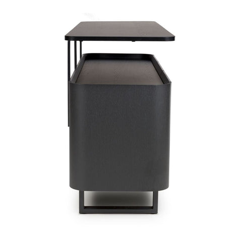 Side View of Bradley large sideboard in black ash with floating top design, adjustable shelves & drawers. SmarTops® heat & scratch resistant finish.
