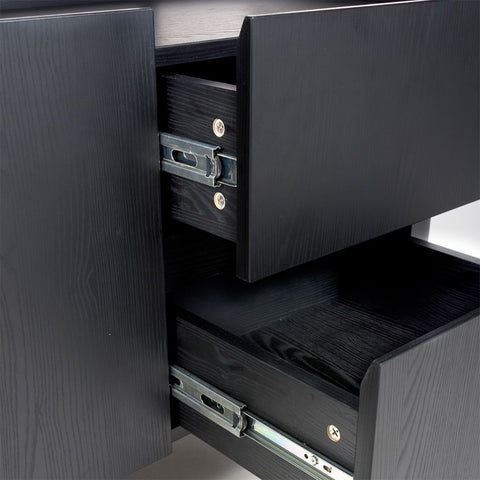 Details view of Bradley large sideboard in black ash with floating top design, adjustable shelves & drawers. SmarTops® heat & scratch resistant finish.
