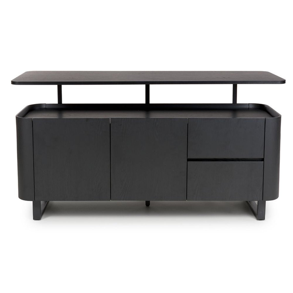 Front View of Bradley large sideboard in black ash with floating top design, adjustable shelves & drawers. SmarTops® heat & scratch resistant finish.
