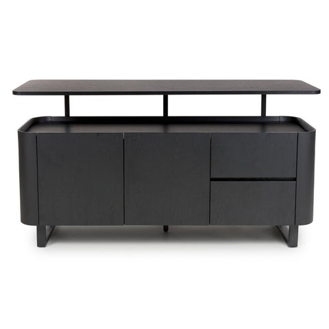 Front View of Bradley large sideboard in black ash with floating top design, adjustable shelves & drawers. SmarTops® heat & scratch resistant finish.
