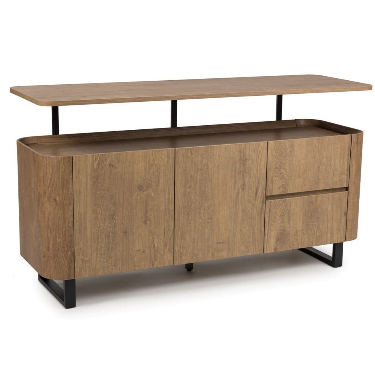 Bradley Large sideboard in rustic oak with floating top, shelves & drawers. SmarTops® finish resists heat, stains & scratches.