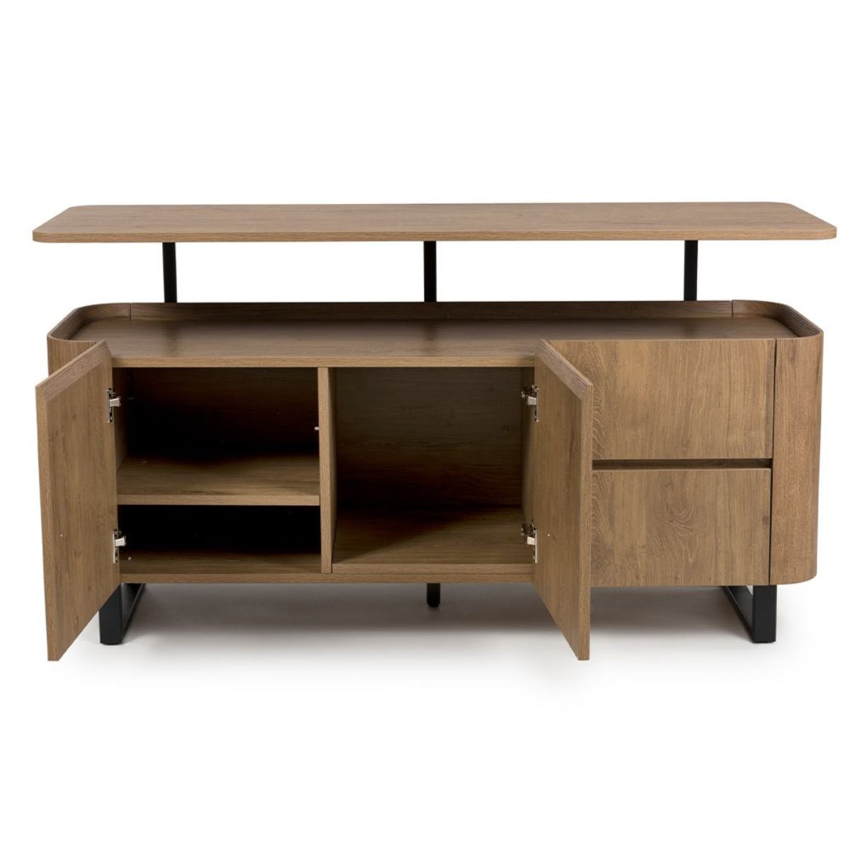 Open Doors Bradley Large sideboard in rustic oak with floating top, shelves & drawers. SmarTops® finish resists heat, stains & scratches.