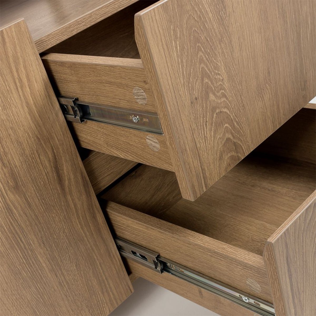Open Drawers view of Bradley Large sideboard in rustic oak with floating top, shelves & drawers. SmarTops® finish resists heat, stains & scratches.