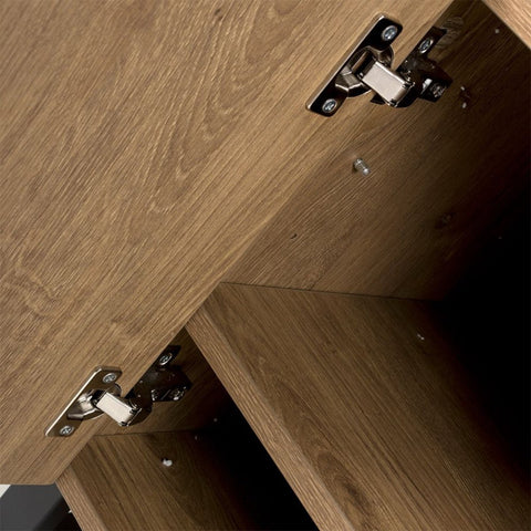 Hinges on the doors of Bradley Large sideboard in rustic oak with floating top, shelves & drawers. SmarTops® finish resists heat, stains & scratches.
