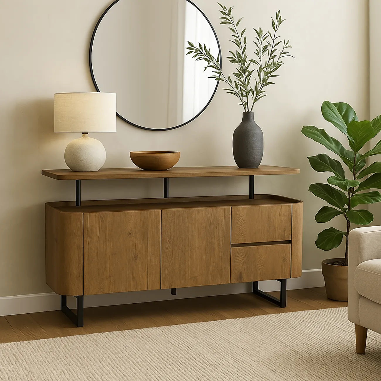Styled in a Room Bradley Large sideboard in rustic oak with floating top, shelves & drawers. SmarTops® finish resists heat, stains & scratches.