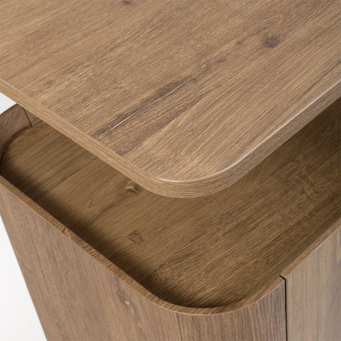 Close up of Bradley Large sideboard in rustic oak with floating top, shelves & drawers. SmarTops® finish resists heat, stains & scratches.
