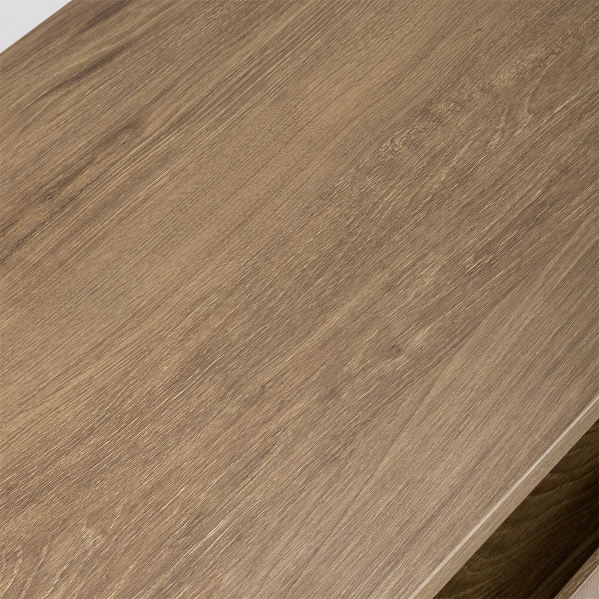 Material details view of Bradley Large sideboard in rustic oak with floating top, shelves & drawers. SmarTops® finish resists heat, stains & scratches.