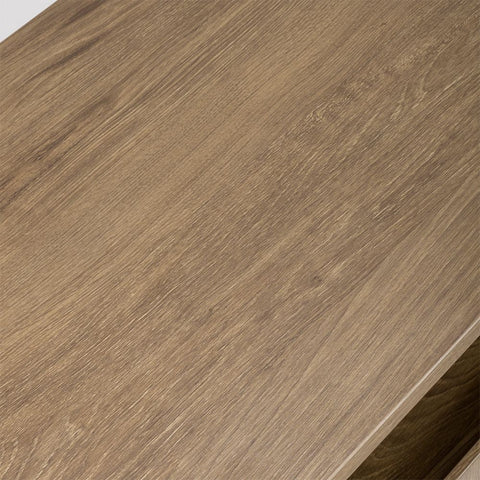 Material details view of Bradley Large sideboard in rustic oak with floating top, shelves & drawers. SmarTops® finish resists heat, stains & scratches.