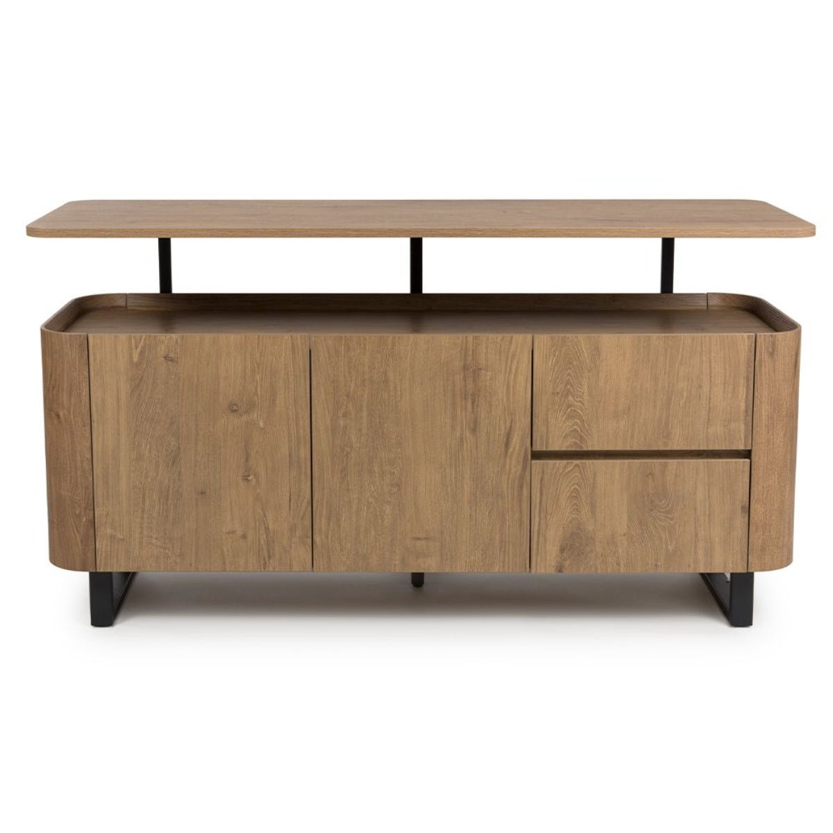 Front view of Bradley Large sideboard in rustic oak with floating top, shelves & drawers. SmarTops® finish resists heat, stains & scratches.