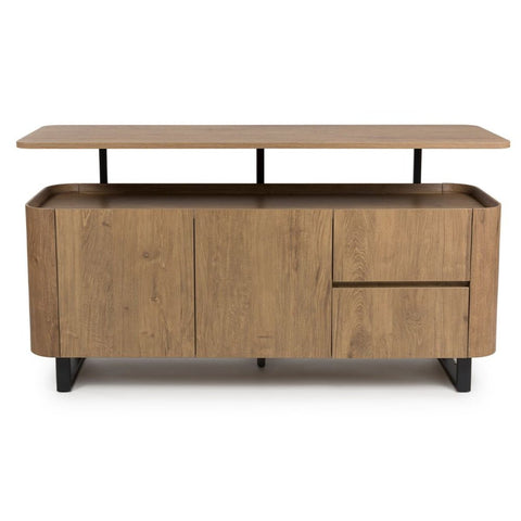 Front view of Bradley Large sideboard in rustic oak with floating top, shelves & drawers. SmarTops® finish resists heat, stains & scratches.