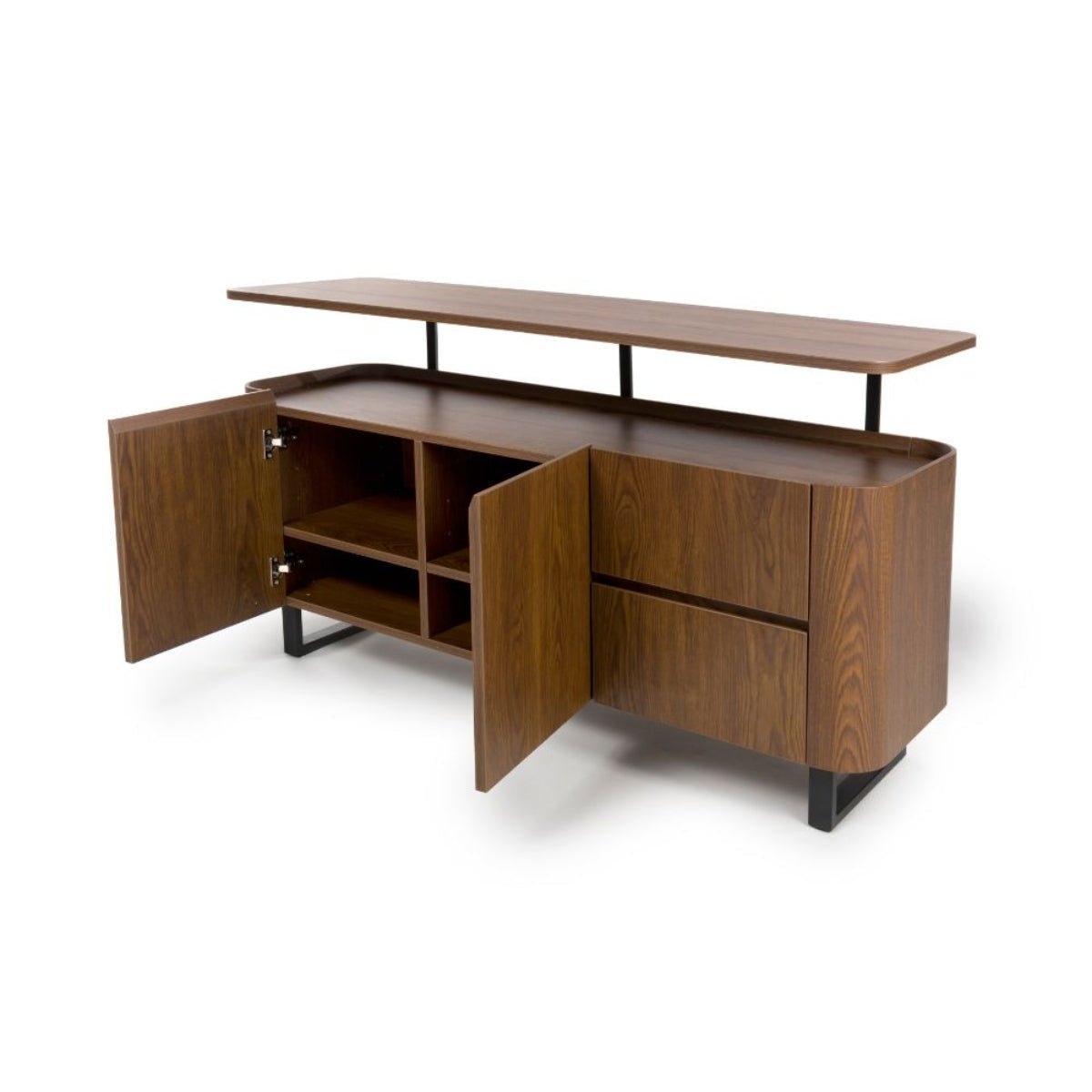 Open Doors of Bradley Smoked oak finish sideboard with floating shelf, drawers & adjustable storage. Heat & scratch resistant SmarTops® surface.