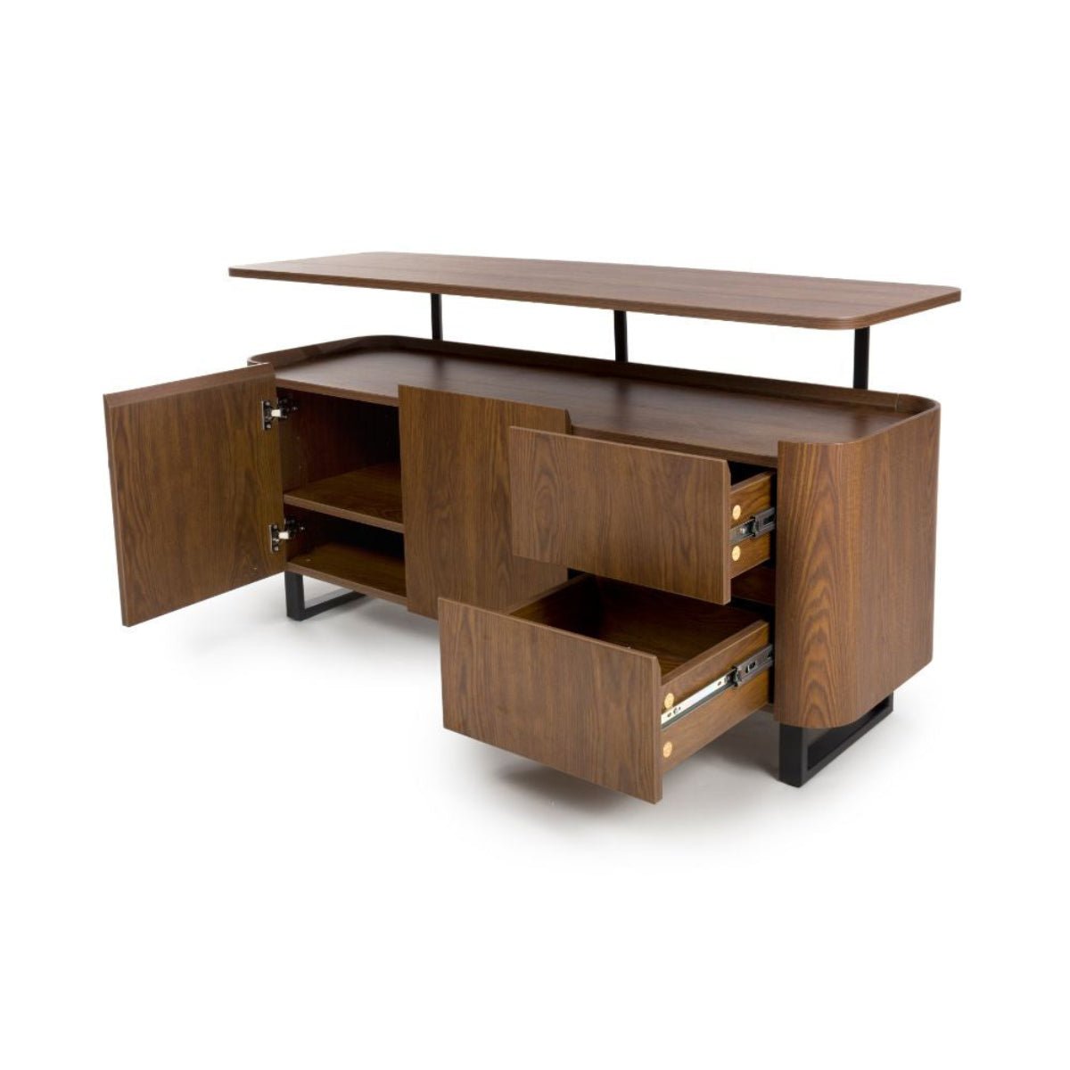 Open Doors and Drawers f Bradley Smoked oak finish sideboard with floating shelf, drawers & adjustable storage. Heat & scratch resistant SmarTops® surface.