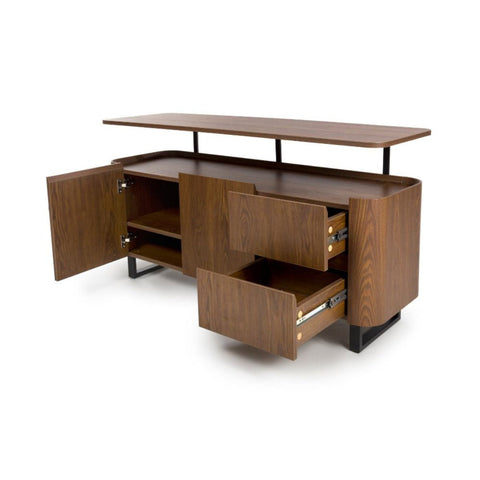 Open Doors and Drawers f Bradley Smoked oak finish sideboard with floating shelf, drawers & adjustable storage. Heat & scratch resistant SmarTops® surface.