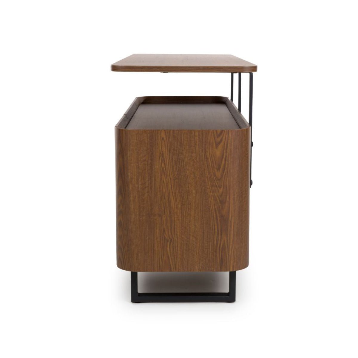 Side View of Bradley Smoked oak finish sideboard with floating shelf, drawers & adjustable storage. Heat & scratch resistant SmarTops® surface.