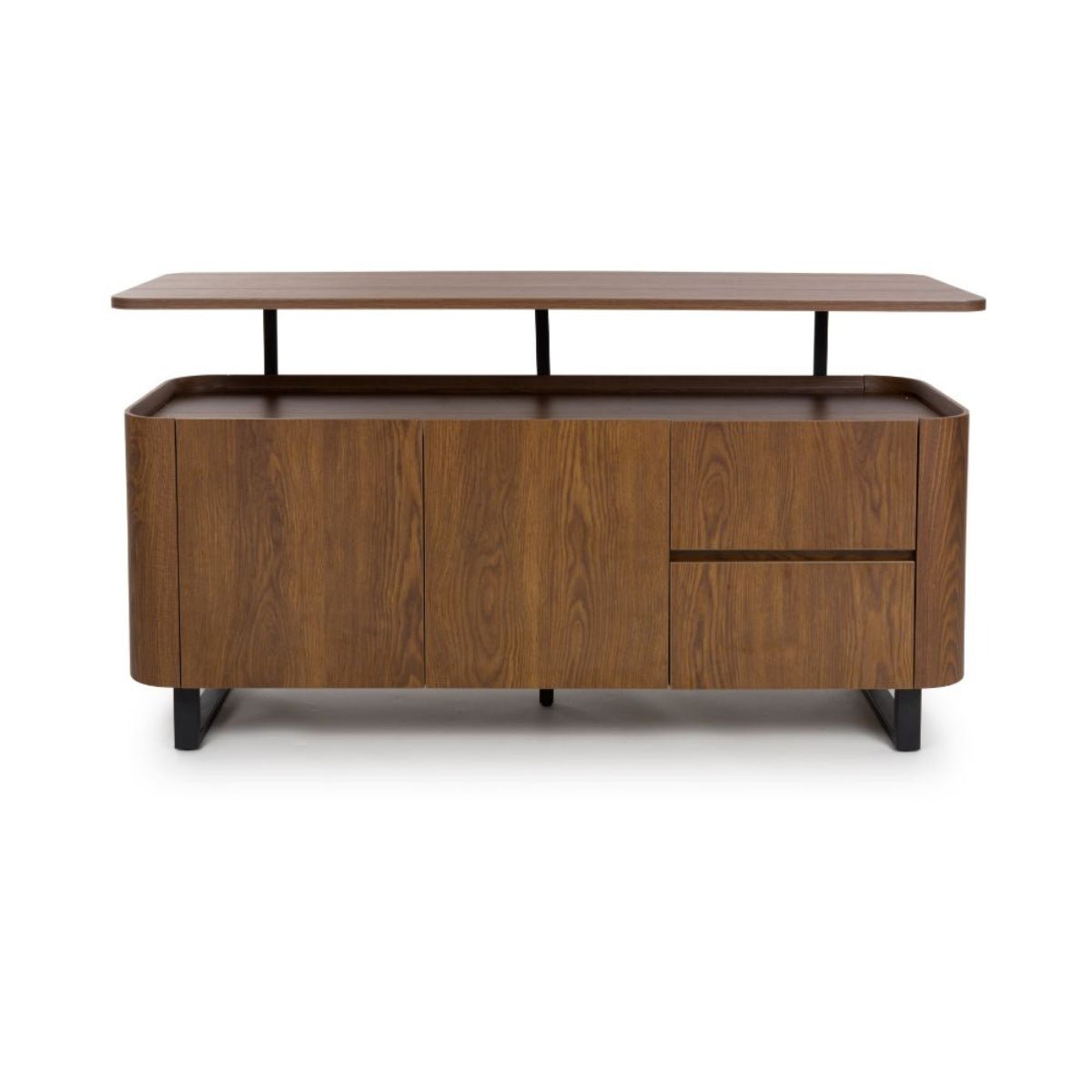 Front View of Bradley Smoked oak finish sideboard with floating shelf, drawers & adjustable storage. Heat & scratch resistant SmarTops® surface.