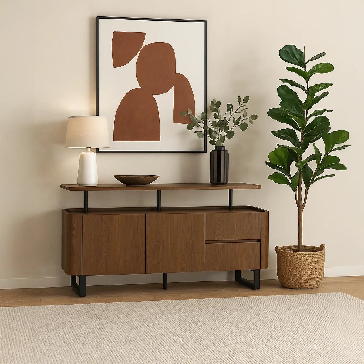 Styled in a room Bradley Smoked oak finish sideboard with floating shelf, drawers & adjustable storage. Heat & scratch resistant SmarTops® surface.