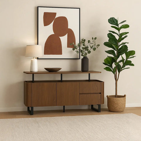 Styled in a room Bradley Smoked oak finish sideboard with floating shelf, drawers & adjustable storage. Heat & scratch resistant SmarTops® surface.