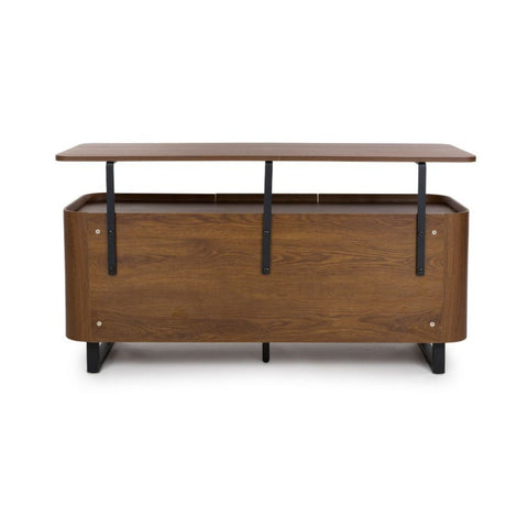 Back View of Bradley Smoked oak finish sideboard with floating shelf, drawers & adjustable storage. Heat & scratch resistant SmarTops® surface.