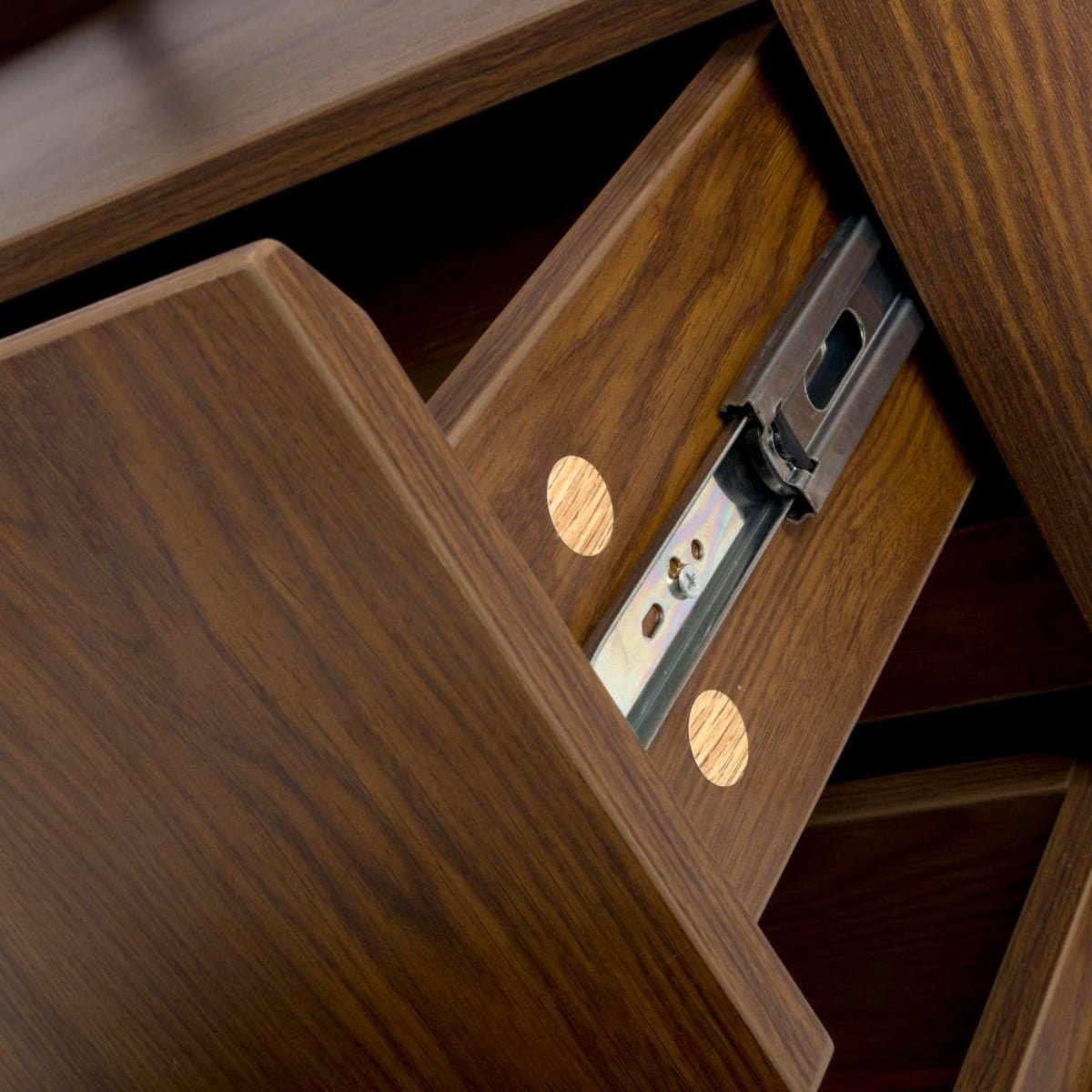 Drawers details of Bradley Smoked oak finish sideboard with floating shelf, drawers & adjustable storage. Heat & scratch resistant SmarTops® surface.