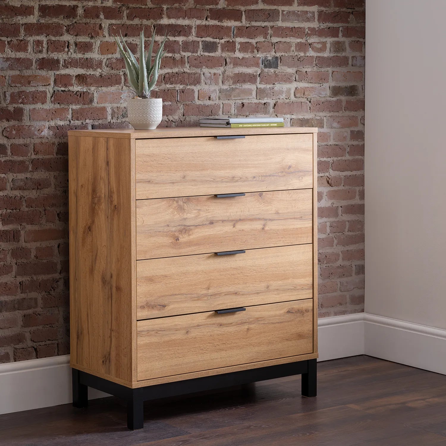 Bali Industrial Style 4 Drawer Chest – Oak Finish