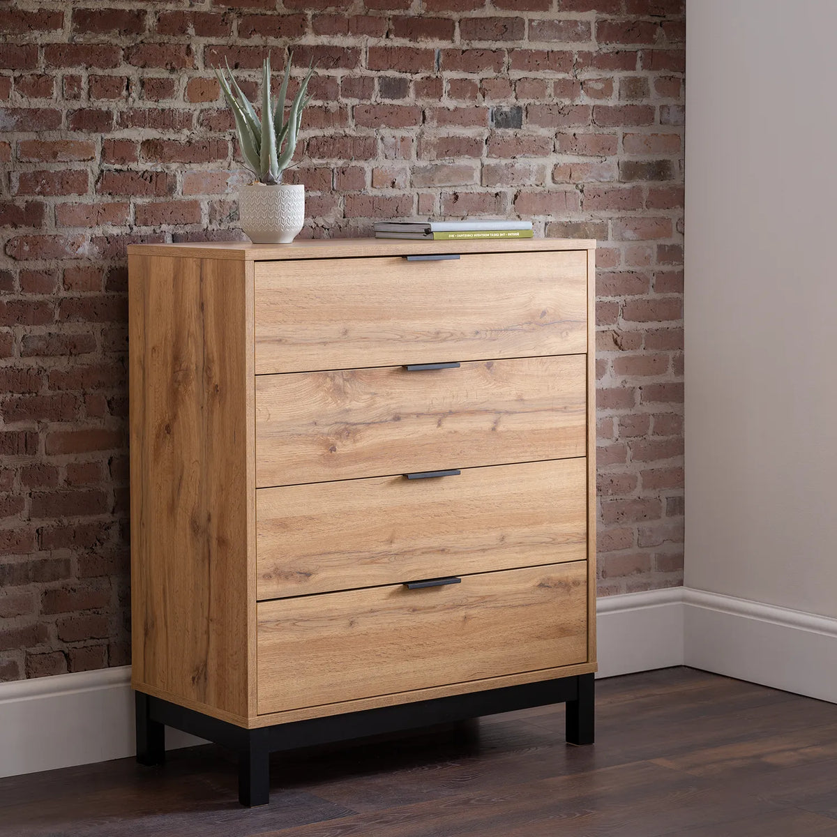 Bali Industrial Style 4 Drawer Chest – Oak Finish - Pendle Village Furniture