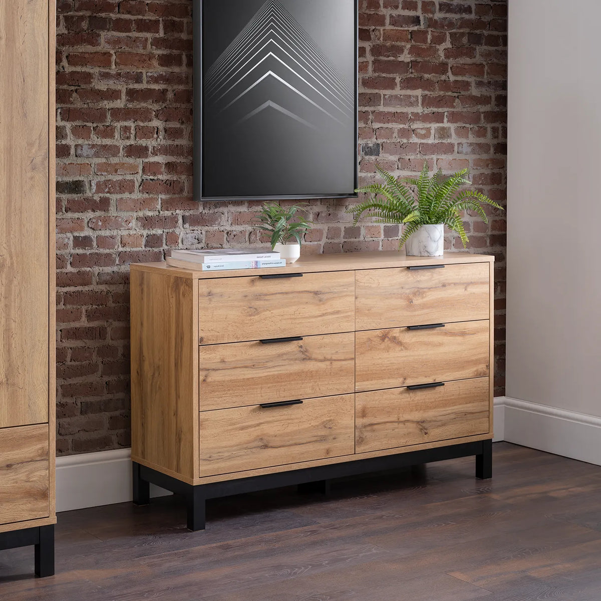 Bali Industrial Style 6 Drawer Chest – Oak Finish - Pendle Village Furniture