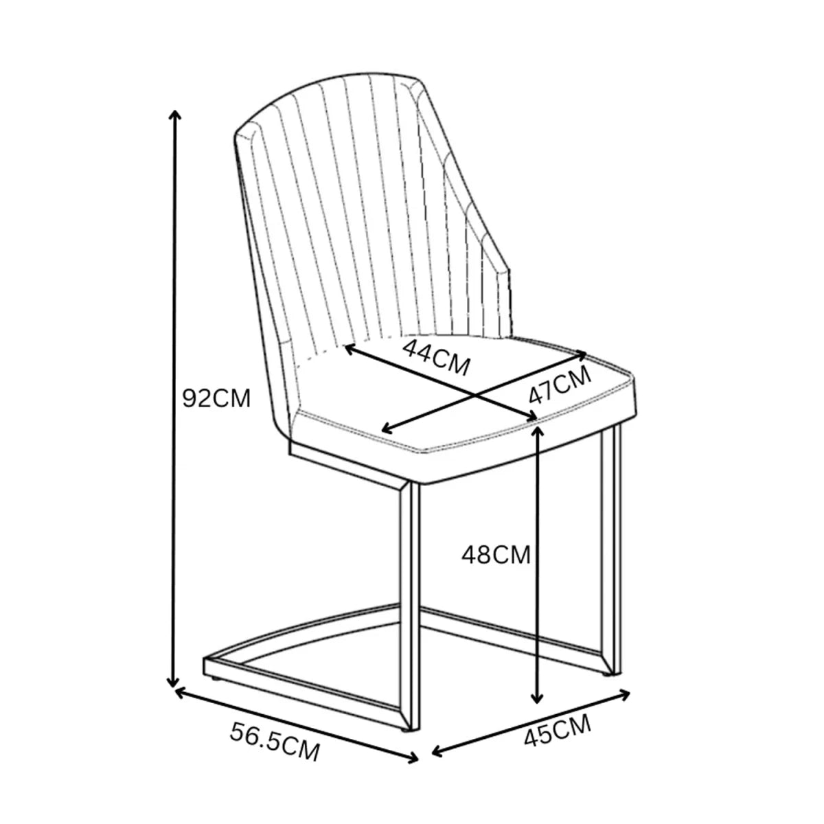 Black and white line drawing of a modern cantilever dining chair with dimension annotations showing height, seat width, backrest width, and base measurements.