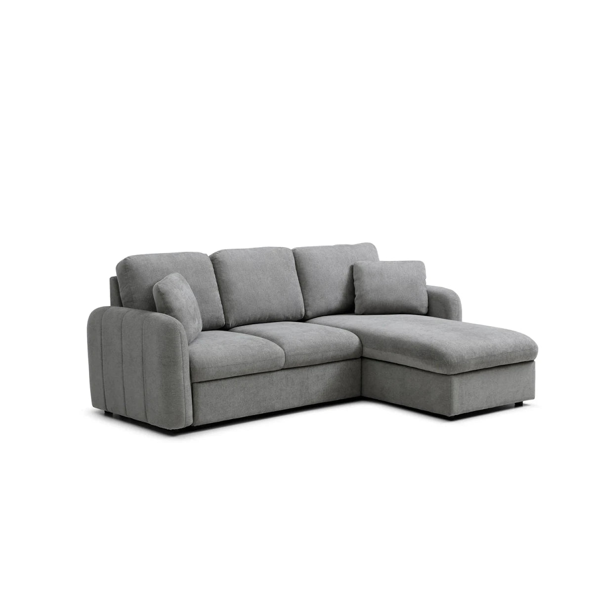 Grey corner chaise sofa bed with storage. Pull-out bed function and hidden storage make it perfect for modern living and guest use.