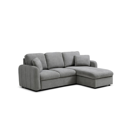 Grey corner chaise sofa bed with storage. Pull-out bed function and hidden storage make it perfect for modern living and guest use.