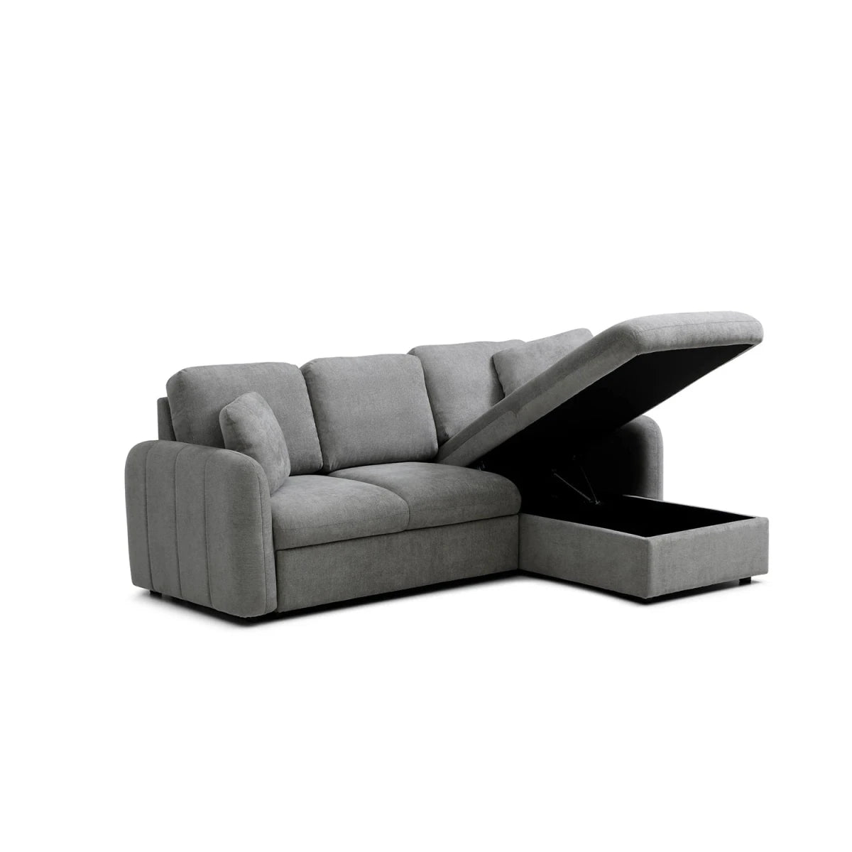 Gray sectional sofa with storage compartment on a white background