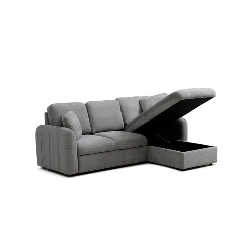 Gray sectional sofa with storage compartment on a white background