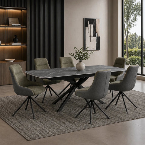 Beatrix Slate Mist Sintered Stone Extending Dining Table with Swivel Chairs