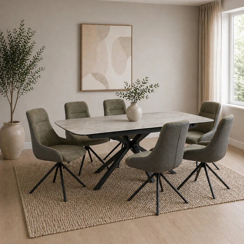 Beatrix Whisper Jade Sintered Stone Extending Dining Table with Swivel Chairs