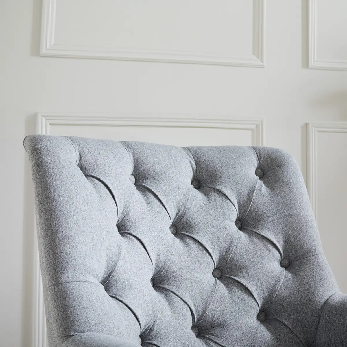 Becky Occasional Grey Fabric Button Back Occasional Chair - Close Up of Buttoned Chair Back