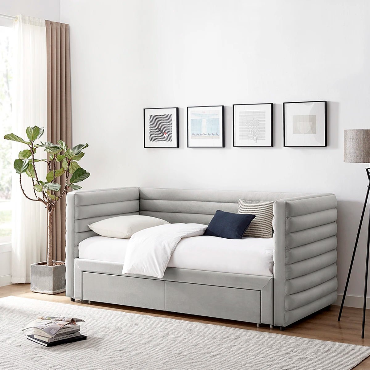 Bellanova Luxe Daybed. Sleek fluted design with dual storage drawers in a choice of Grey or Taupe Velvet. 