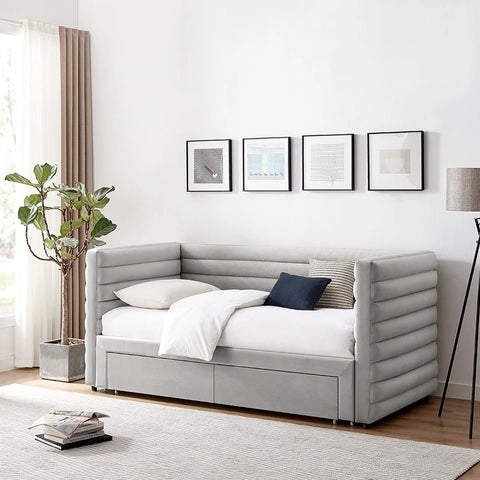 Bellanova Luxe Daybed. Sleek fluted design with dual storage drawers in a choice of Grey or Taupe Velvet. 