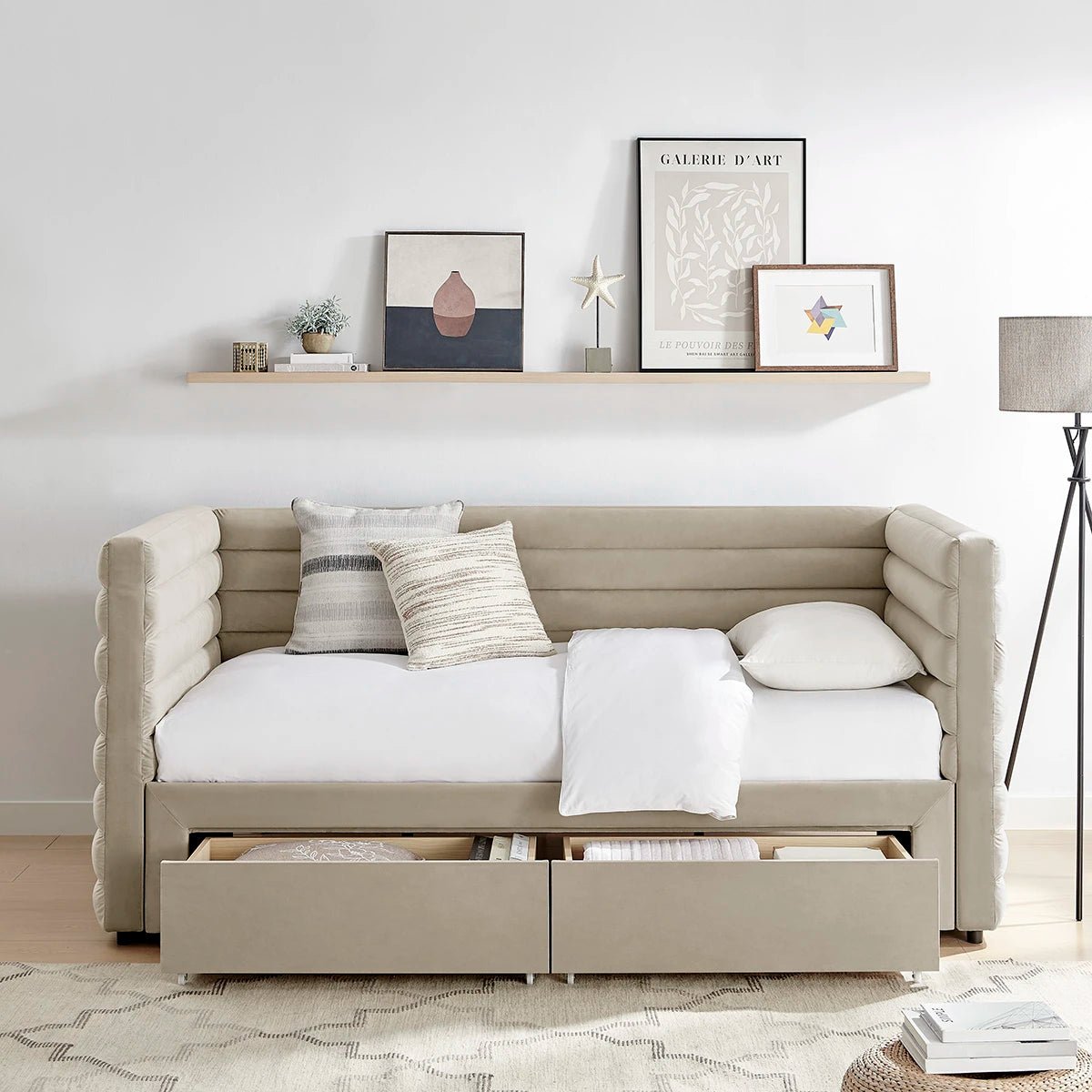 Taupe Sofabed with storage drawers. Bellanova Luxe Daybed, a sleek fluted design with dual storage drawers in a choice of Grey or Taupe Velvet. 
