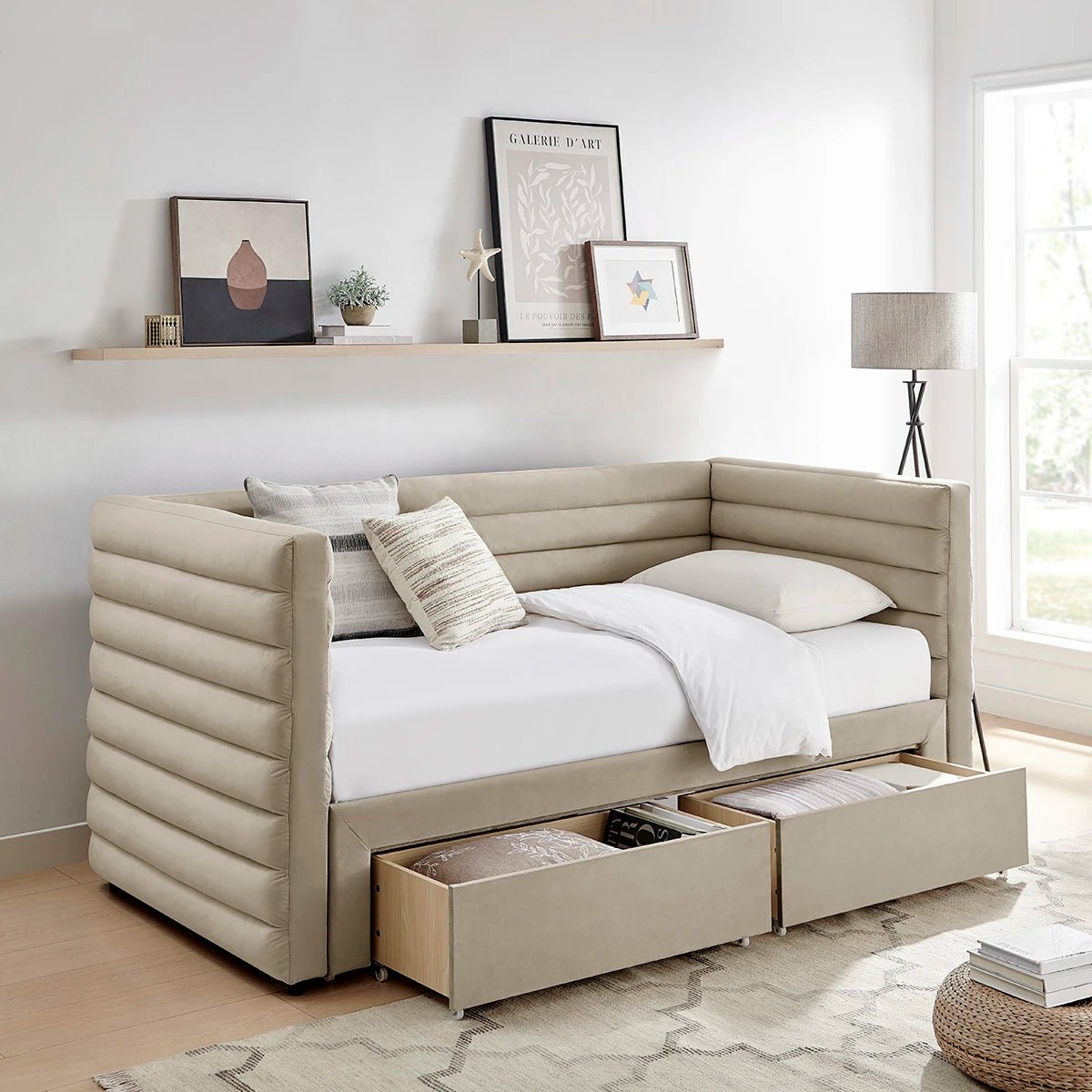 Bellanova Luxe Daybed shown in taupe velvet. A sleek fluted design with dual storage drawers also available in Grey.