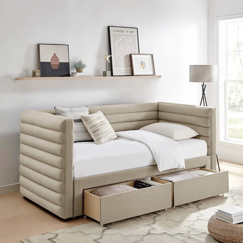Bellanova Luxe Daybed shown in taupe velvet. A sleek fluted design with dual storage drawers also available in Grey.