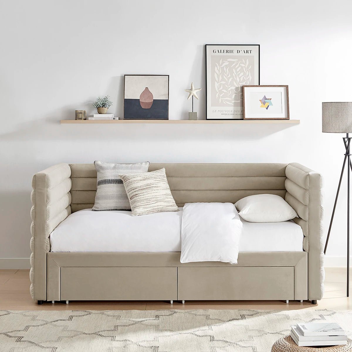 Bellanova Luxe Daybed. Sleek fluted design with dual storage drawers shown in Taupe Velvet, also available in Grey. 