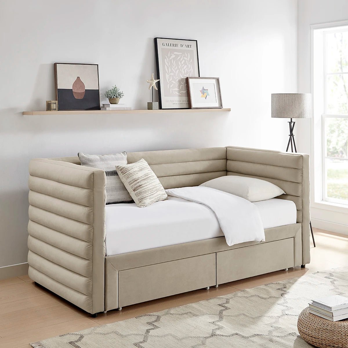 Bellanova Luxe Daybed with storage drawers upholstered in a choice of Grey or Taupe Velvet. 