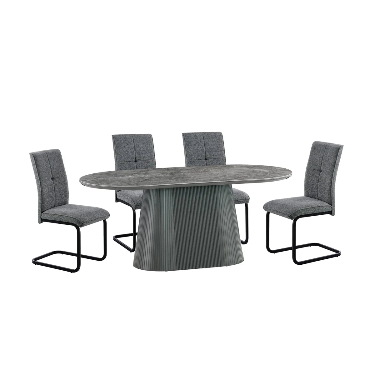 Bellagio Sintered Stone Dining Table with Tufted Grey Pedestal Base with Venezia Grey Fabric Dining Chairs set