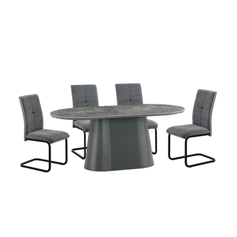 Bellagio Sintered Stone Dining Table with Tufted Grey Pedestal Base with Venezia Grey Fabric Dining Chairs set