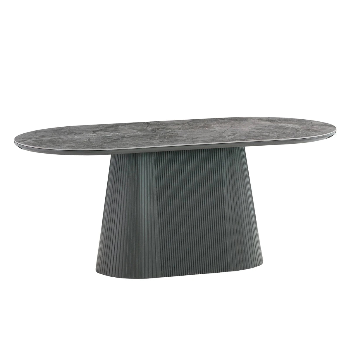 An oval dining table with a textured gray stone-look top and a fluted pedestal base in a matching dark gray finish, shown on a plain white background.