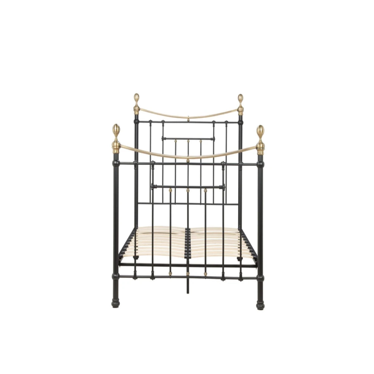 Powder coated steel bed frame with sturdy support system.