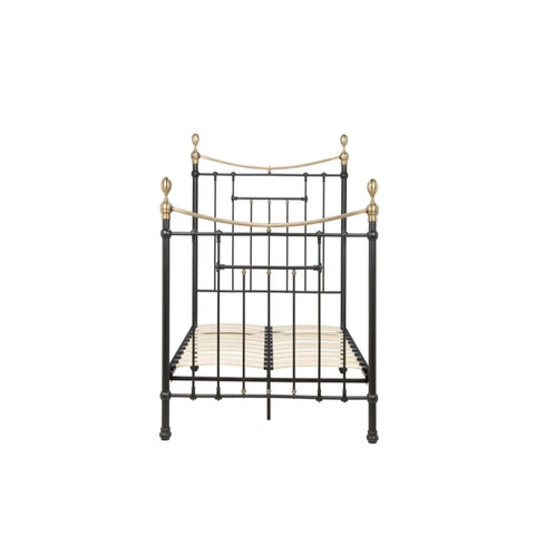 Powder coated steel bed frame with sturdy support system.