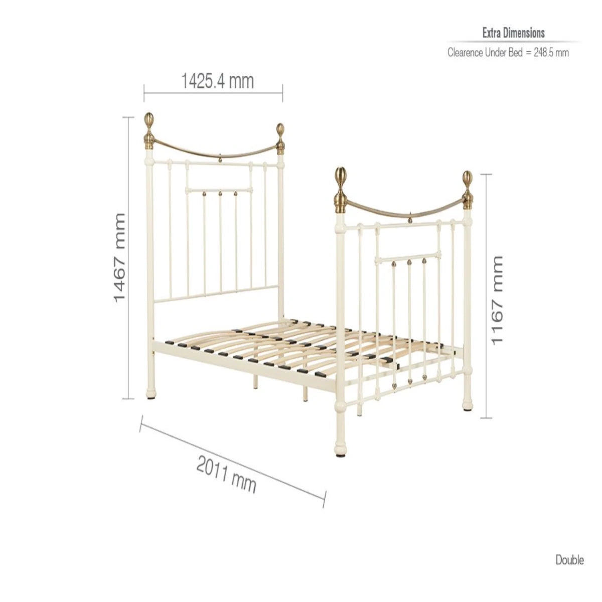Double size bed dimensions with full measurement details.